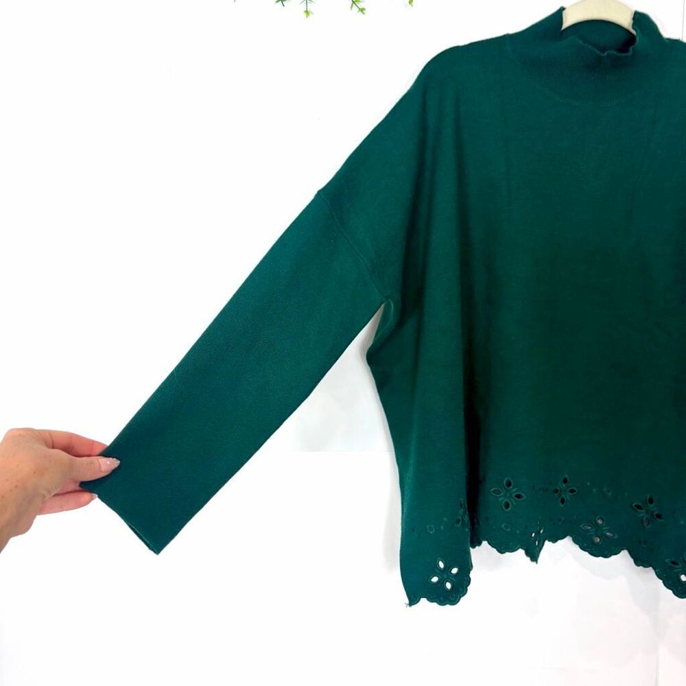NWT Entro Sweater Womens Large Hunter Green Mock Neck Eyelet Hem Knit Oversized - Picture 14 of 15